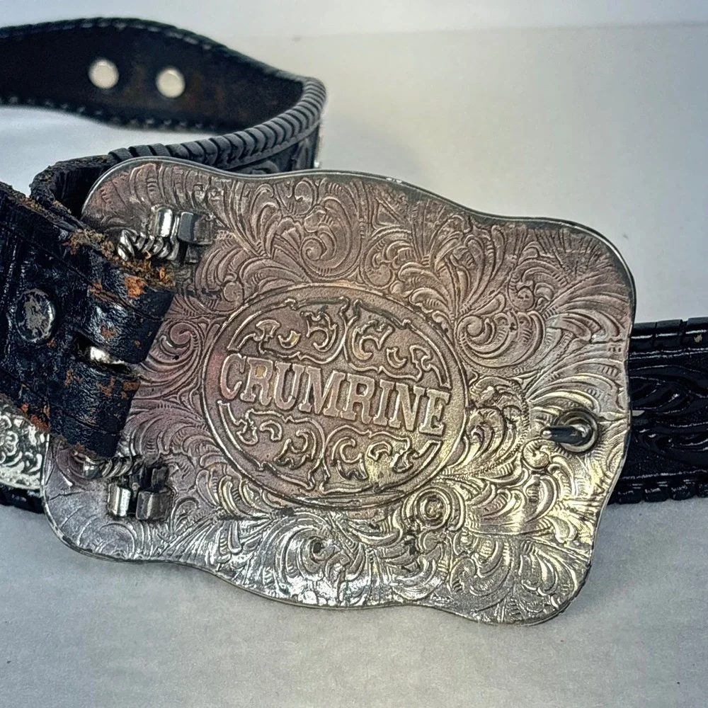 Crumrine Belt Buckle Silver Metal Hand Tooled Western Cowboy Buckle Men